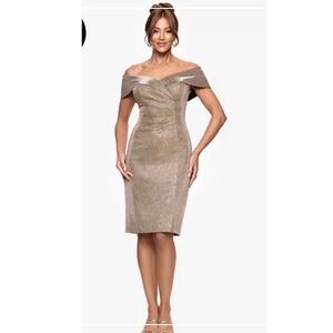 Xscape  Gold Off The Shoulder Cocktail Dress Sheath Formal Evening gown